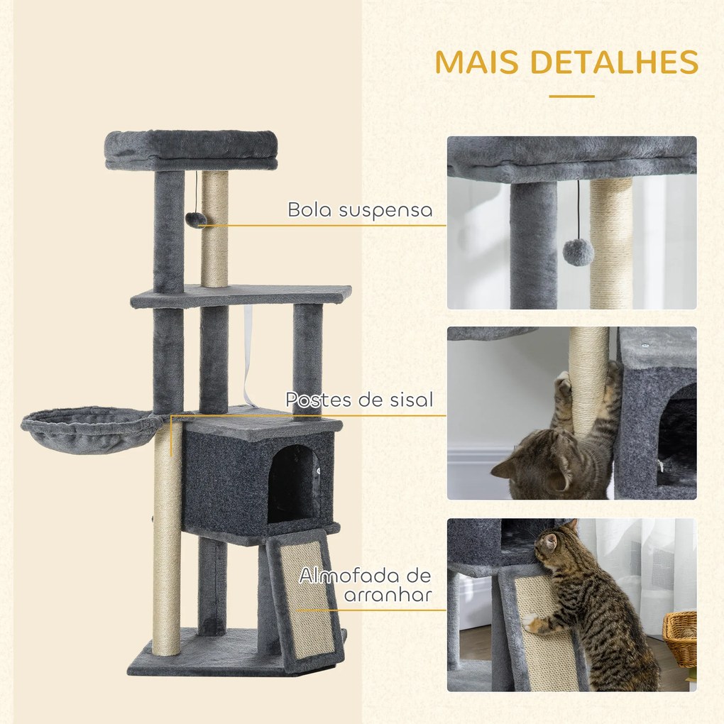 Arranhador para Gatos 127 cm com Caverna Rede Cama Plataformas Rampa de Sisal Bola Pendurada Cinza