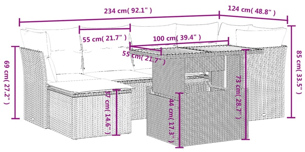 7 pcs conjunto de sofás p/ jardim c/ almofadões vime PE preto