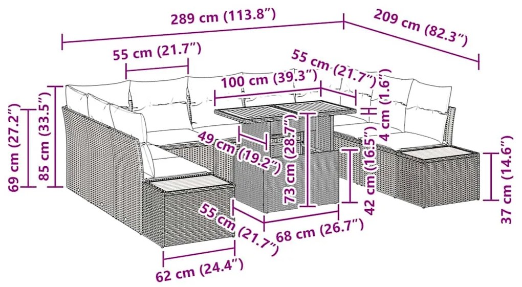 Conjunto de Jantar de Jardim de 10 Peças com Almofadas - Preto, Rattan