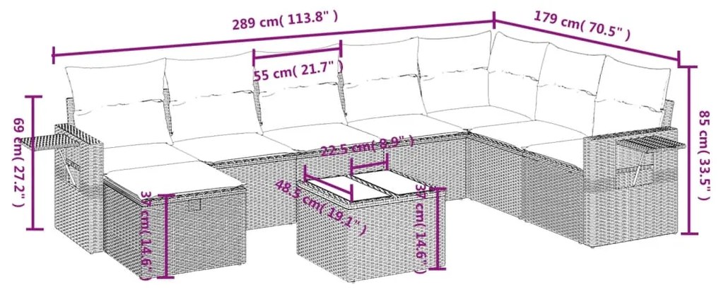 9 pcs conjunto de sofás p/ jardim com almofadões vime PE bege