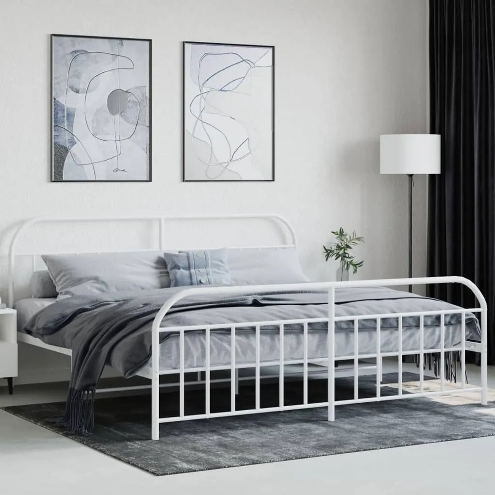 Estrutura de cama com cabeceira e pés 200x200 cm metal branco