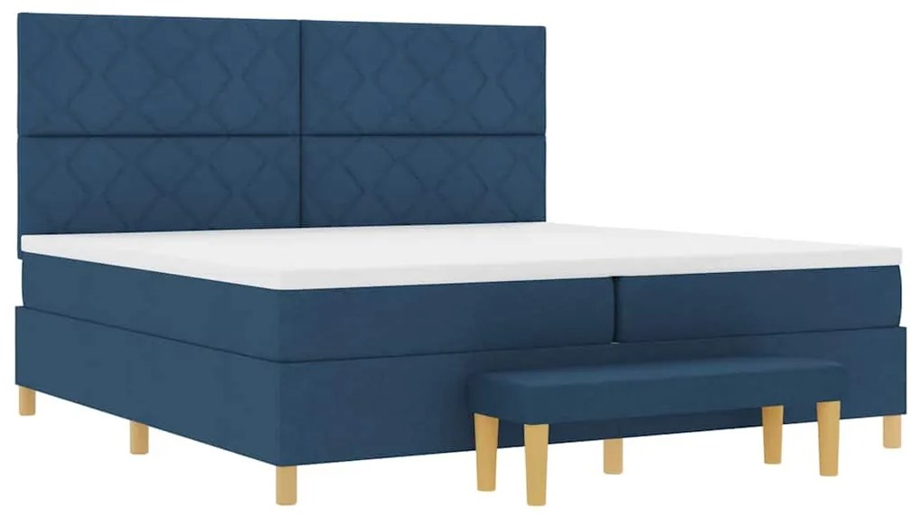 Cama Box Spring com Colchão &amp; Banco Azul 200x200 cm Tecido