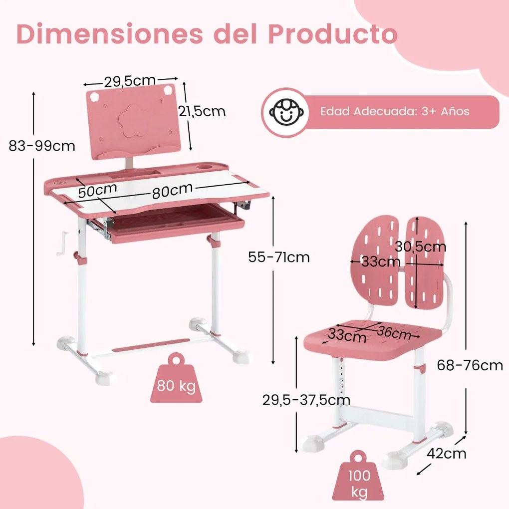 Conjunto de secretária e cadeira para crianças com altura ajustável, tampo inclinável, porta-copos, gaveta e cadeira ergonómica rosa