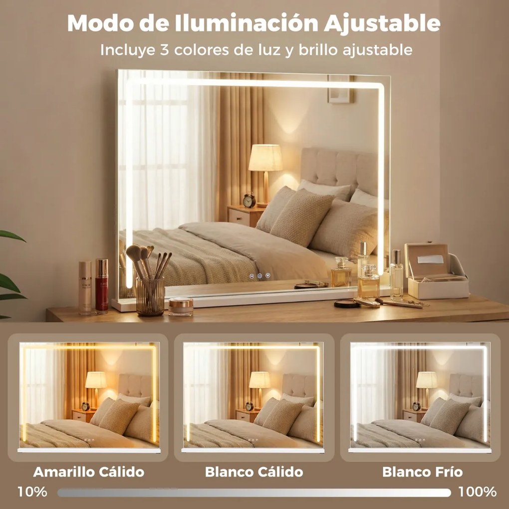 Espelho de Toucador Hollywood, 80 x 14 x 62,5 cm, Iluminação LED com 3 Tons, Branco