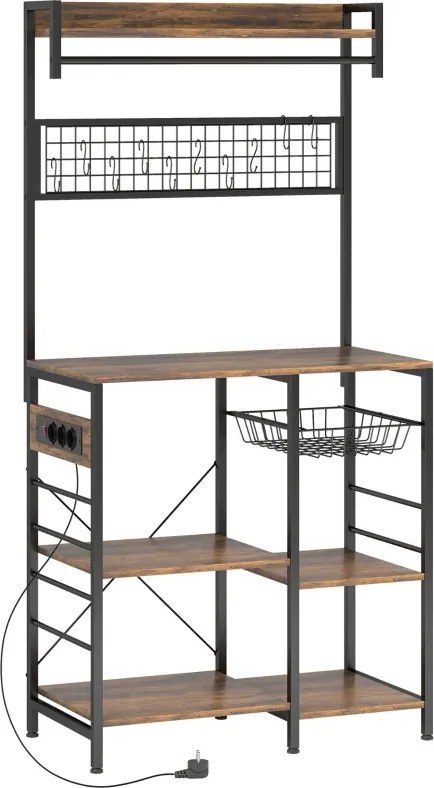 Armario de Cozinha com Três Tomadas e Luzes LED Estilo Industrial com Prateleiras para Micro-ondas 80x42x162 cm Castanho Rústico e Preto