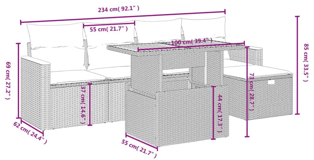 6 pcs conjunto sofás de jardim com almofadões vime cinzento