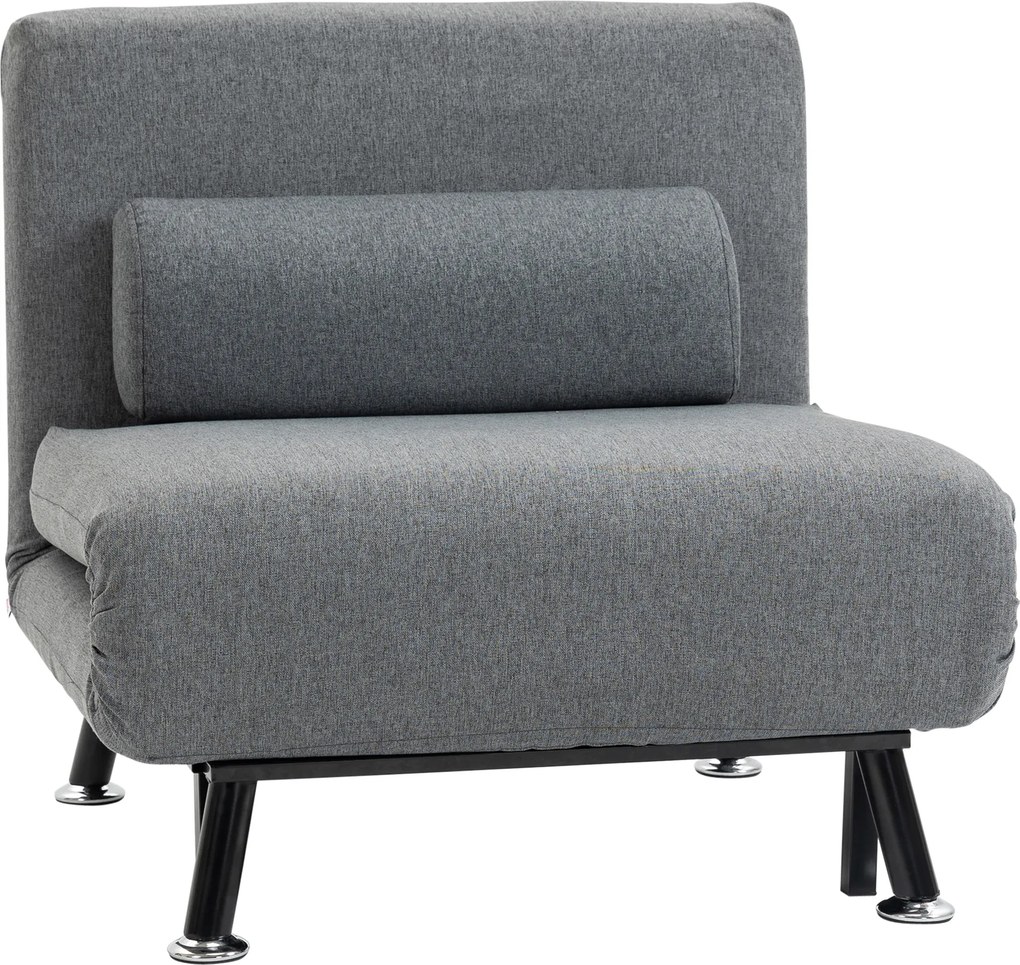 Sofá Cama Individual Dobrável com Encosto Ajustável em 5 Níveis Almofada e Estofado de Linho Sintético 75x70x75 cm Cinzento