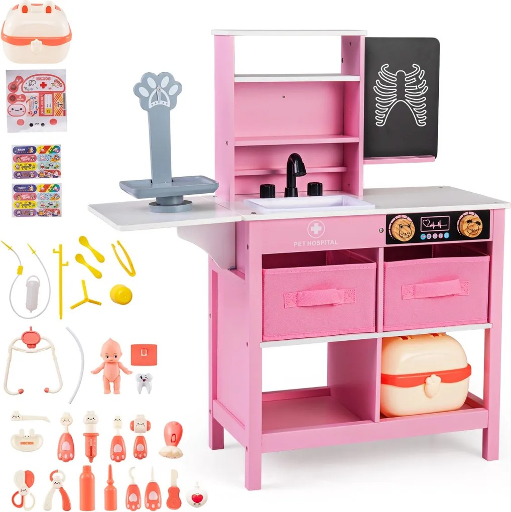Centro Médico de Brincar de Madeira para Crianças 75 x 28 x 82 cm com Quadro Branco Balança para Animais de Estimação Torneira e Vários Acessórios Ros