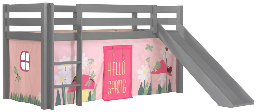 Conjunto Cama alta de Criança PINO 90 x 200 cm + estrado + escada + escorrega + cortina Primavera Cinzenta