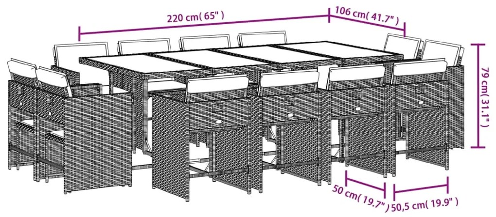 13 pcs conjunto de jantar p/ jardim com almofadões vime PE bege