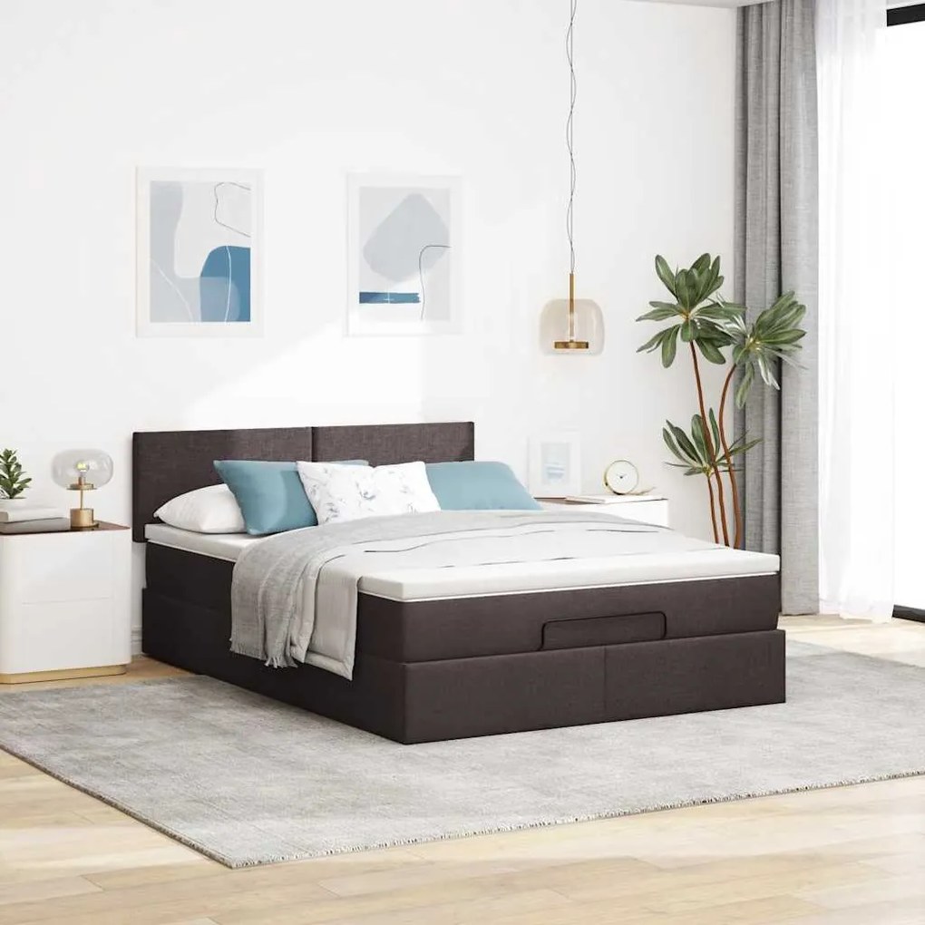 Cama otomana com colchão 140x190 cm tecido castanho escuro