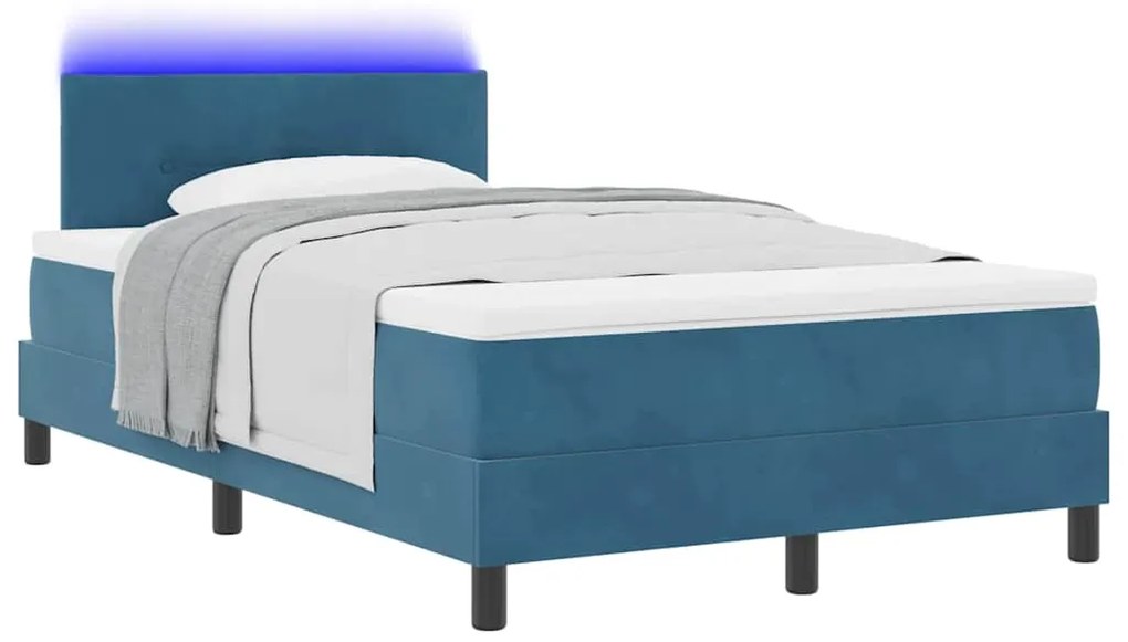 Cama Box Spring com Colchão e LED Azul Escuro 120x190 cm Veludo