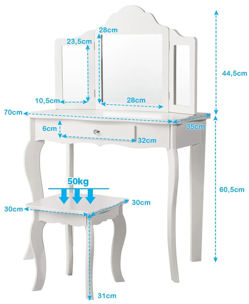 Conjunto de Toucador para Crianças com Espelho Dobrável Banco em 3 Partes e Gaveta 70 x 34 x 104 cm Branco