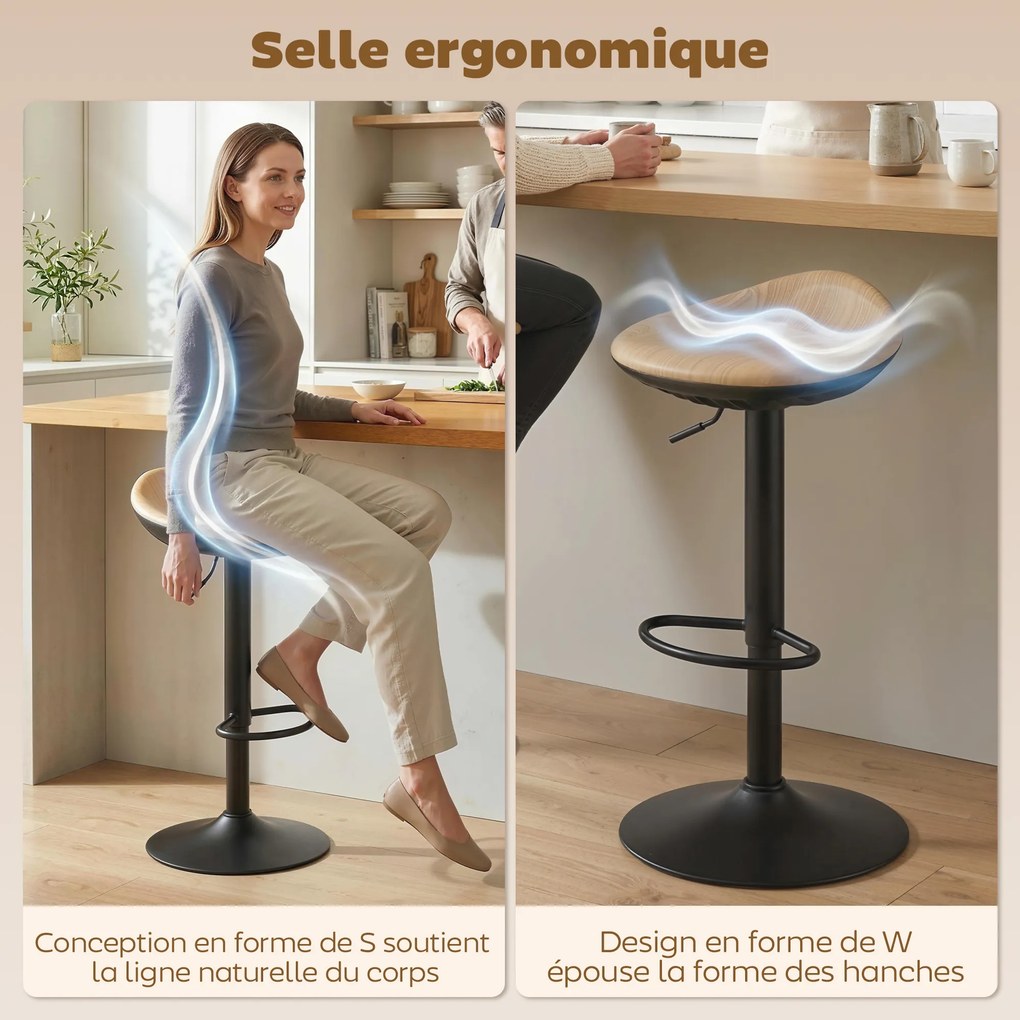 Conjunto de 2 bancos de bar, cadeiras de bar com altura ajustável e apoio para os pés, giratórias a 360°, base em aço, cor carvalho
