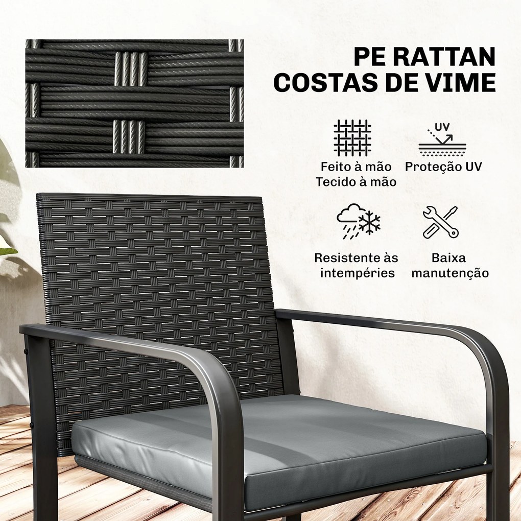 Conjunto de Jardim 3 Peças de Vime com 2 Cadeiras com Almofadas Tecido Textilene e Mesa de Vidro Temperado Cinza