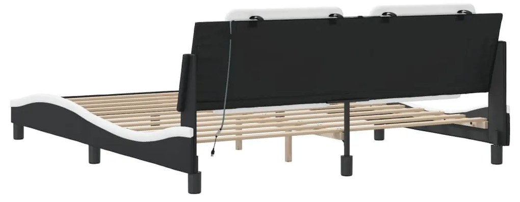 Estrutura cama c/ luzes LED 180x200cm couro artif. preto/branco