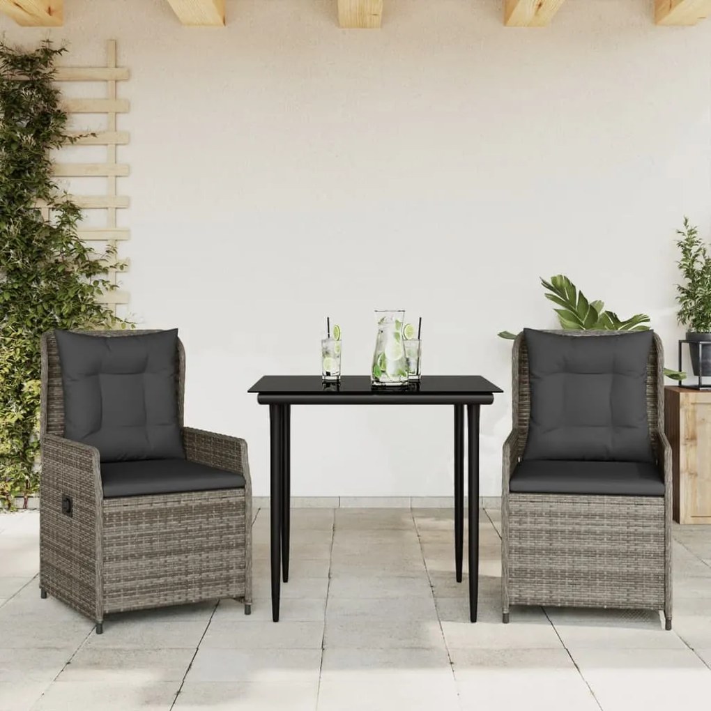 vidaXL 3 pcs conjunto de jantar p/ jardim c/ almofadões vime PE cinza