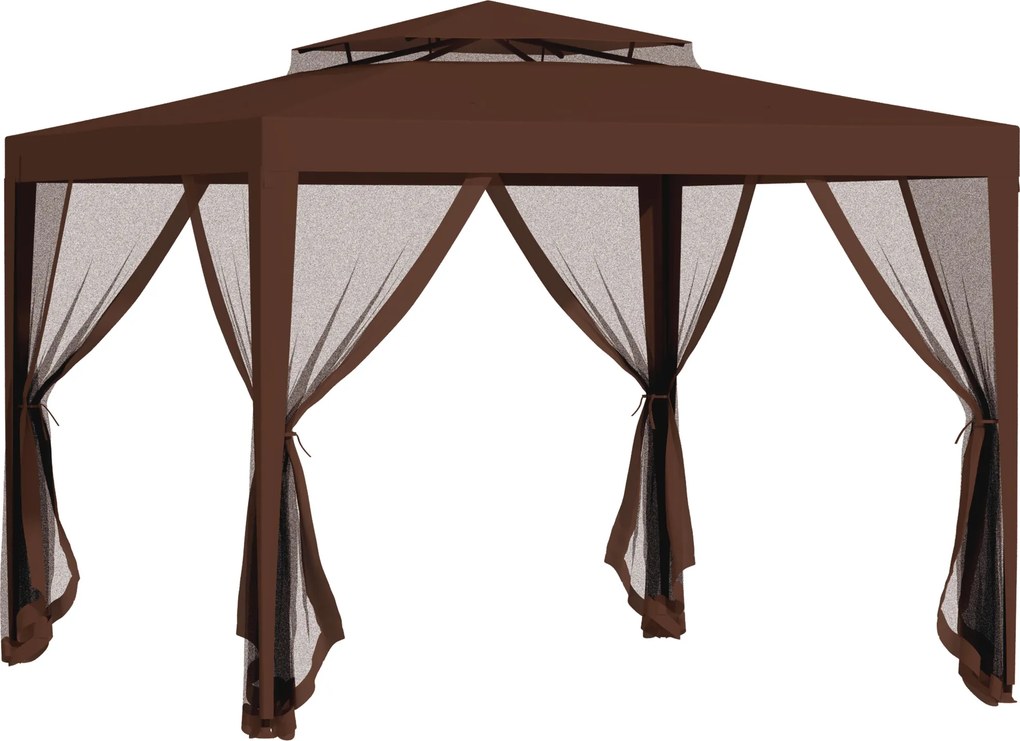 Outsunny Pérgola Jardim 297x297x268 cm Redes Mosquiteiras Laterais Teto Ventilação Orifícios Drenagem Resistente Intempéries Marrom | Aosom Portugal