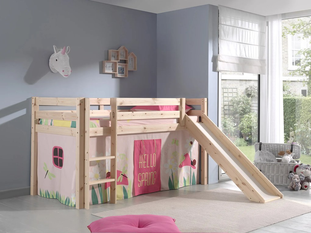 Conjunto Cama alta de Criança PINO 90 x 200 cm + estrado + escada + escorrega + cortina Primavera Natural