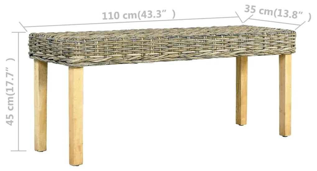 Banco 110cm vime Kubu natural e madeira mangueira maciça