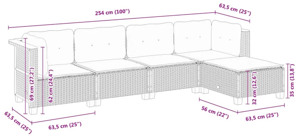 5 pcs conjunto de sofás p/ jardim com almofadões vime PE bege