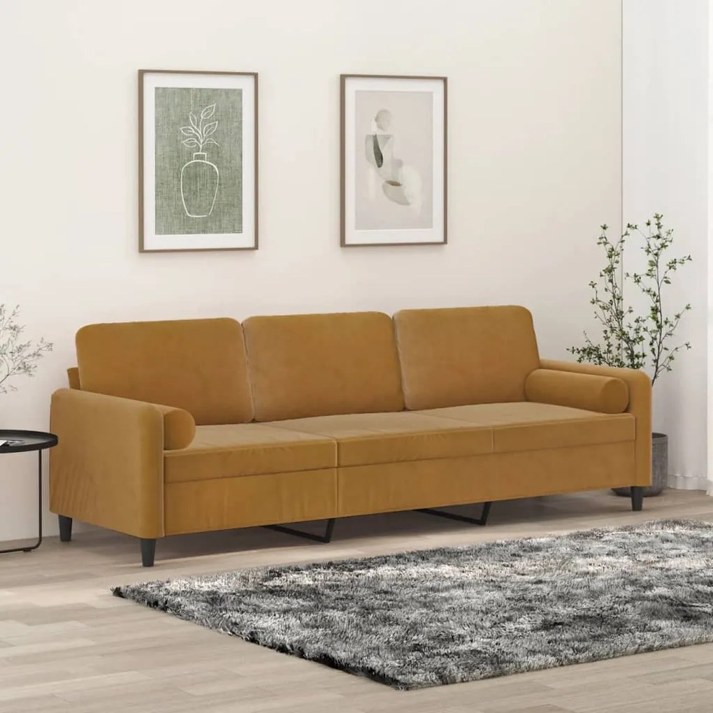 vidaXL Sofá 3 lugares c/ almofadas/almofadões 210 cm veludo castanho
