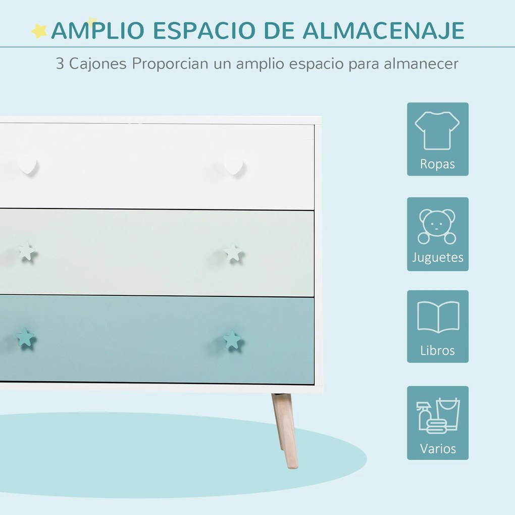 HOMCOM Cômoda Infantil com 3 Gavetas Ármario com Pernas de Madeira para Roupas ou Brinquedos de Pinho e MDF Cor Azul 90x42x80 cm