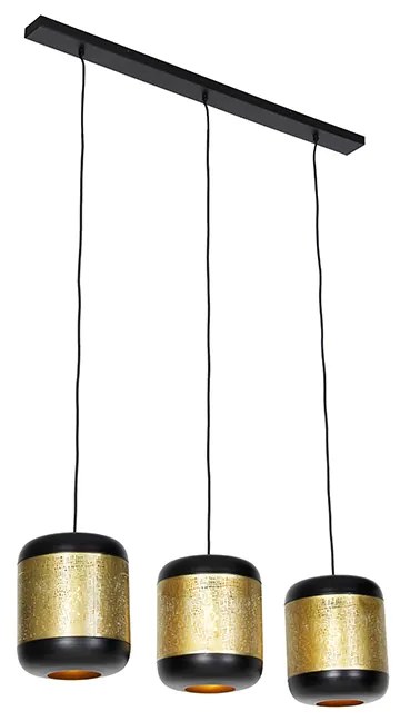 Candeeiro de suspensão vintage preto com latão oblongo 3-luzes - Kayleigh