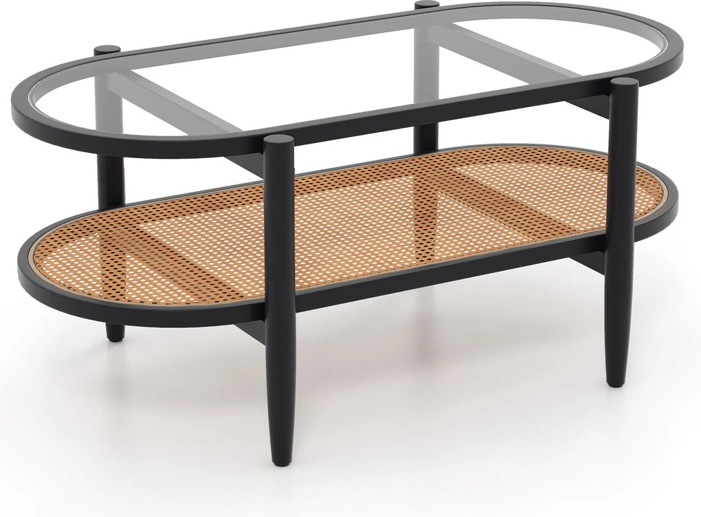 Mesa de centro oval de dois níveis com tampo em vidro temperado 102 x 46 x 46 cm, estante em vime e estrutura em madeira curvada para sala de estar ou