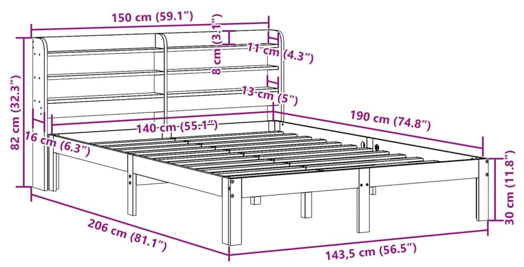 Estrutura cama c/ cabeceira 140x190 cm pinho maciço