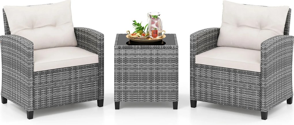 Conjunto de jardim de 3 peças, composto por cadeiras de rattan e mesa com tampo de vidro temperado para pátio, rattan em mistura de cinzento com almof