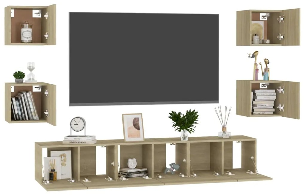 7 pcs conjunto móveis de TV derivados madeira carvalho sonoma
