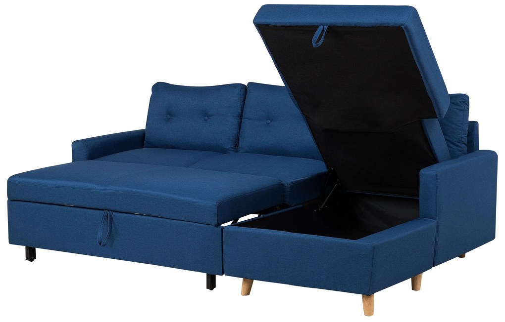 Sofá-cama de canto à esquerda com 4 lugares e arrumação em tecido azul marinho FLAKK Beliani