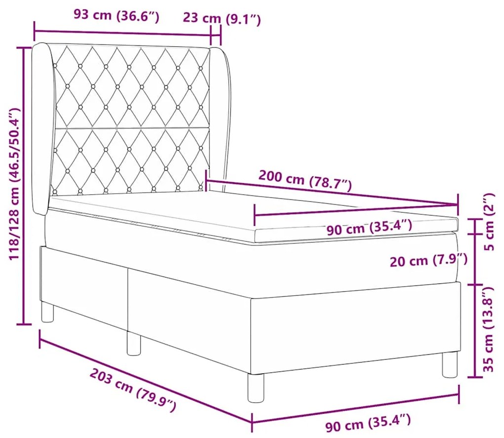 Cama Box Spring com Colchão - Cinza Claro - 90x200 cm - Veludo