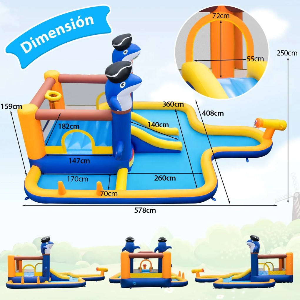 Castelo insuflável grande 7 em 1 Parque de escorregas aquático insuflável com piscina Canhão de água para crianças 3-10 anos 578 x 408 x 250 cm (Sem c