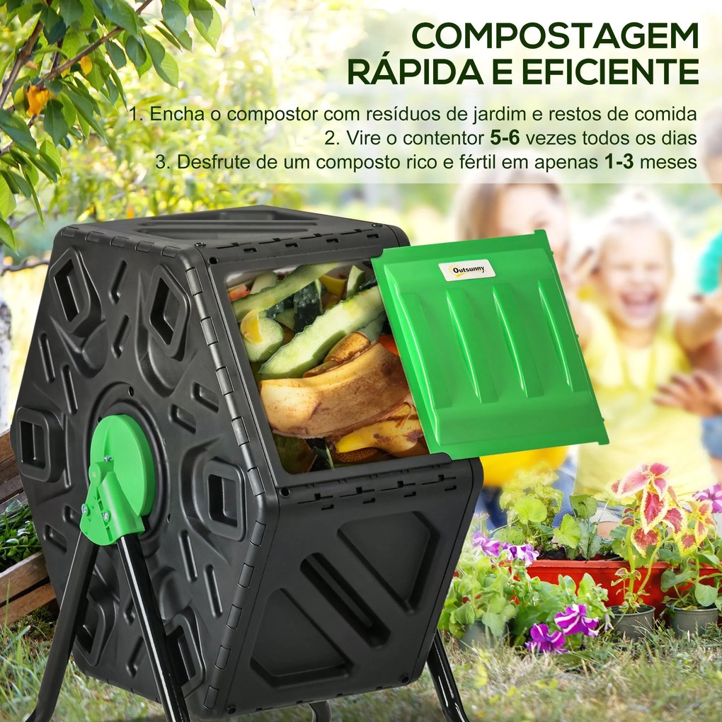 Compostor Giratório de 65L Recipiente de Compostagem de Jardim com Câm