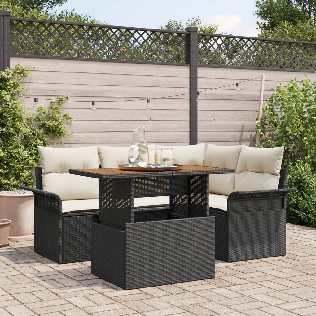 Conjunto de Sofá de Jardim vidaXL de 5 Peças com Almofadas Preto Ratta