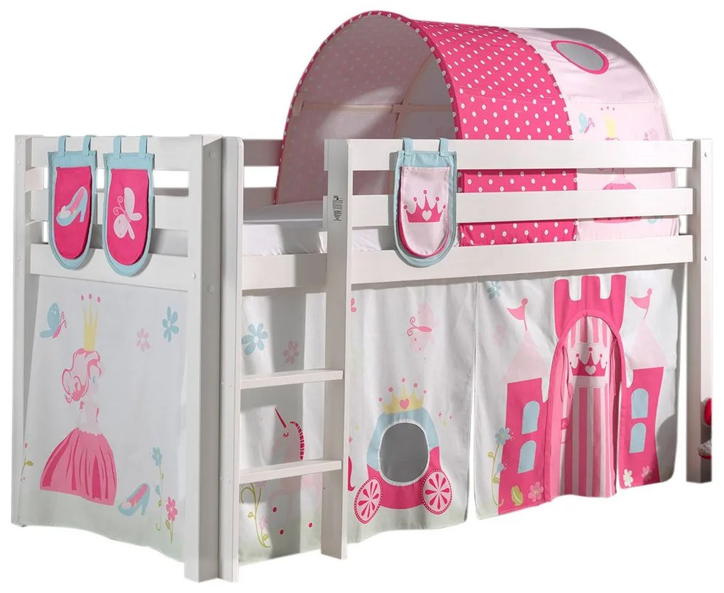 Conjunto Cama alta de Criança PINO 90 x 200 cm + estrado + escada + cortina + 3 bolsas + túnel Princesa Branca