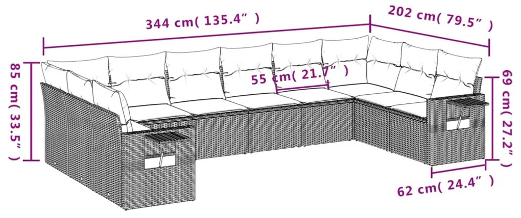 10 pcs conjunto sofás de jardim c/ almofadões vime PE preto