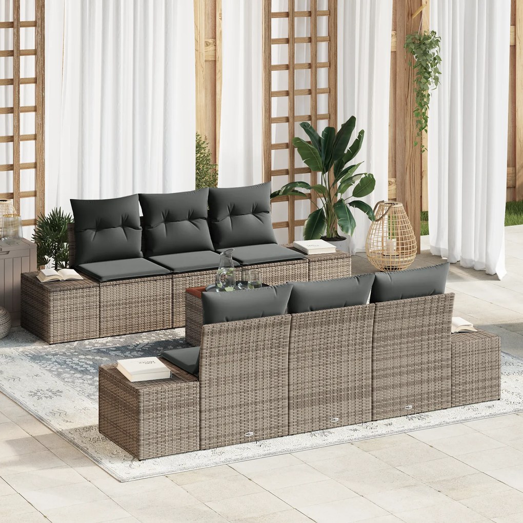 Conjunto de Sofá de Jardim 7 Peças com Almofadas Cinza Rattan Acácia