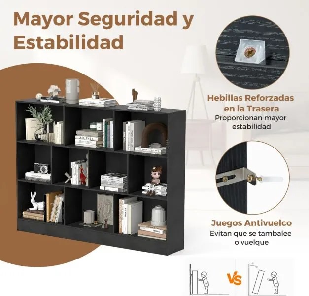 Estante com 10 cubos com armazenamento 140 x 24 x 104 cm com 3 níveis para sala de estar Quarto Preto