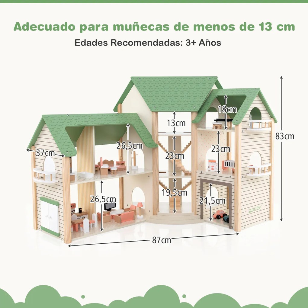 Casa de bonecas de canto em madeira com 36 peças de mobiliário e acessórios 3 pisos 6 divisões Varandas para crianças com mais de 3 anos Telhado verde