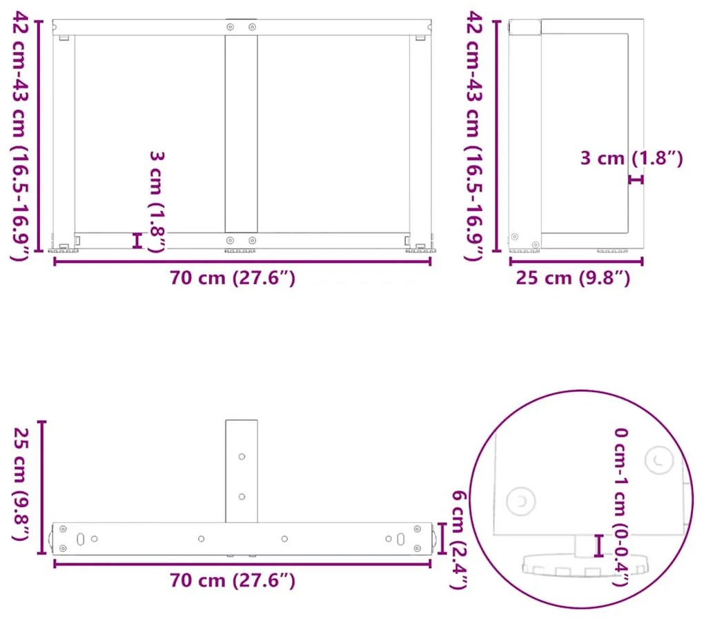 Pés para mesa de centro em forma de T, 2 peças, antracite, 70x25x(42-4