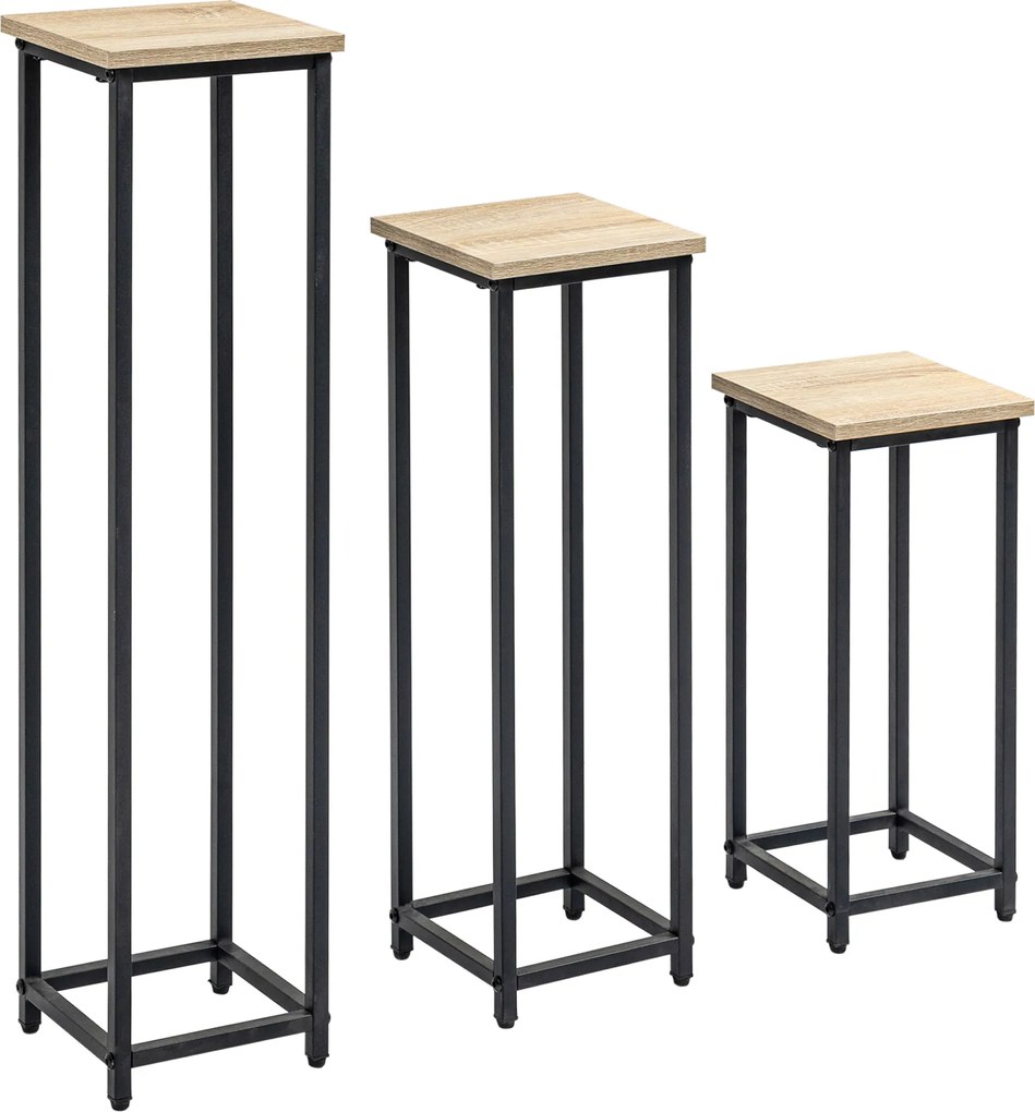Outsunny Conjunto 3 Suporte para Plantas Porta-Vasos Empilháveis Aço com Tampo Efeito Madeira 21x21x50/70/90 cm | Aosom Portugal