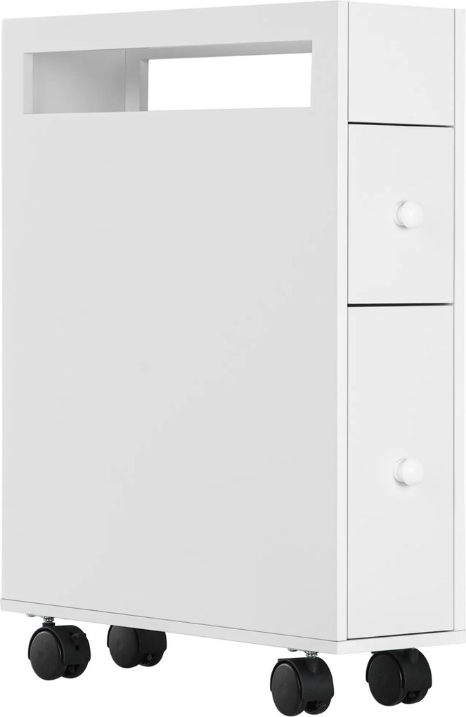 HOMCOM Carrinho de nicho armário de banheiro com rodízios, design estreito, duas gavetas, quatro rodas, branco, 16 x 49,5 x 66 cm | Aosom Portugal