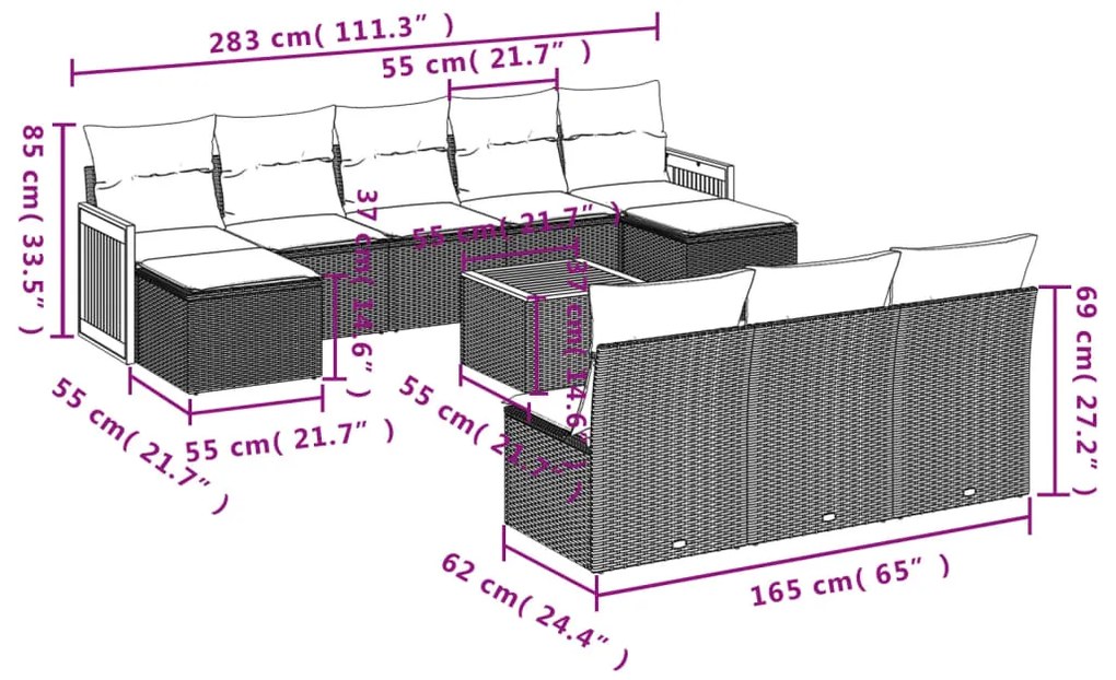 11 pcs conjunto sofás de jardim c/ almofadões vime PE preto