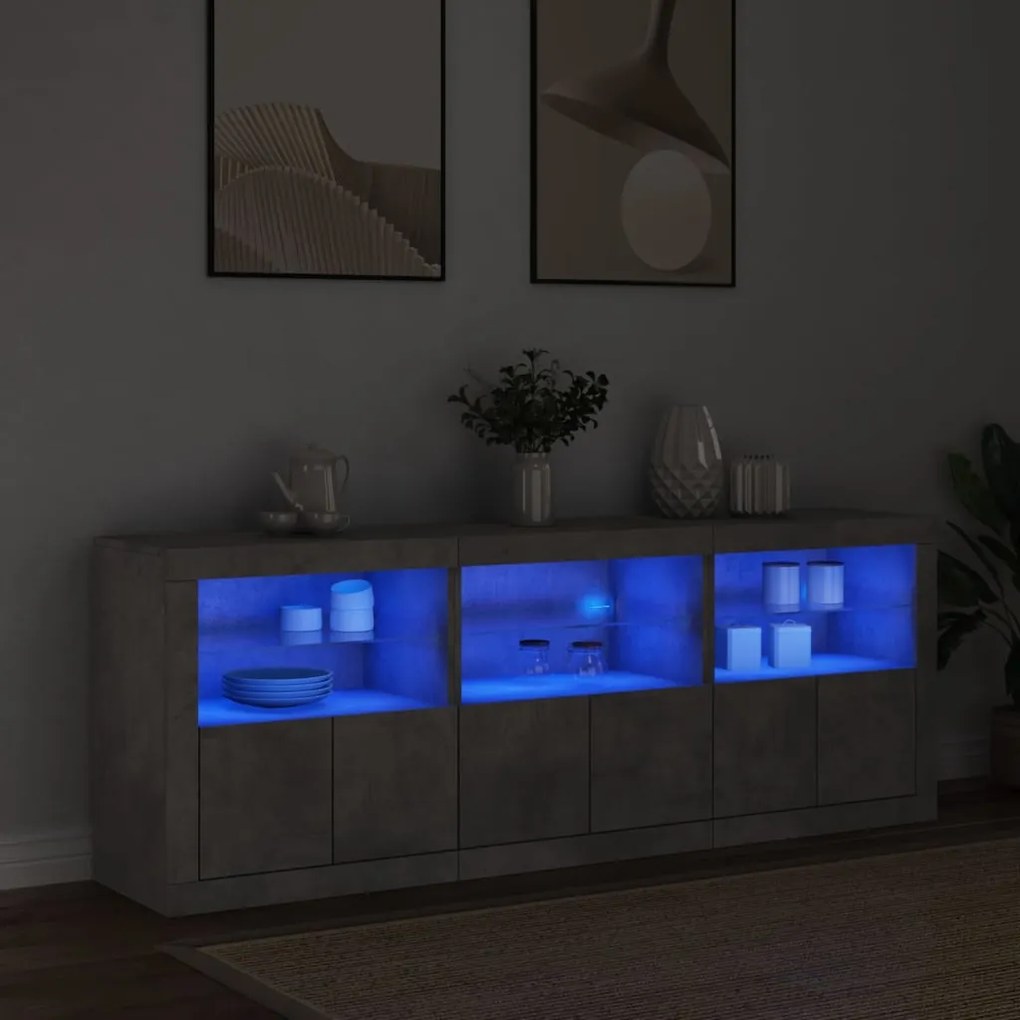 Aparador com luzes LED 181,5x37x67 cm cinzento cimento