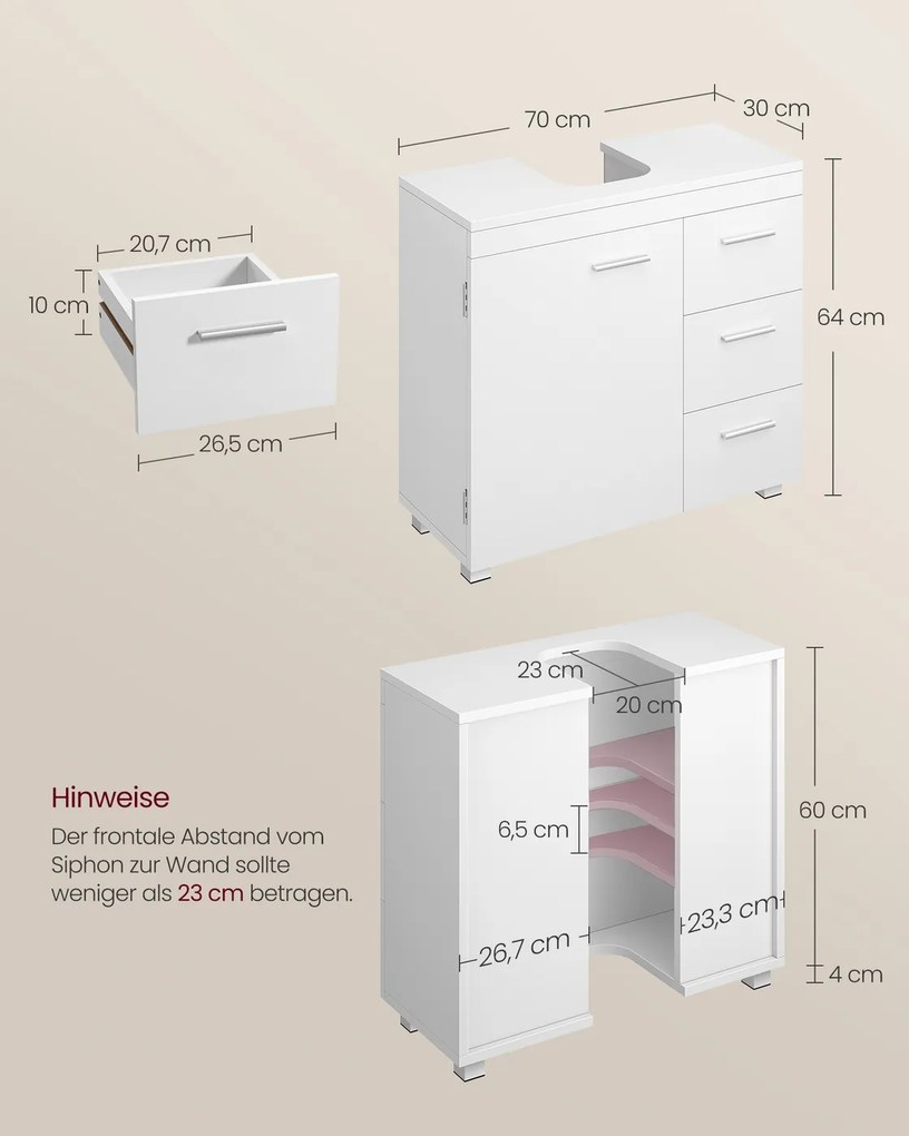 Armário casa banho 30 x 70 x 64 cm para lavatório (NÃO INLCUIDO) com 3 gavetas grandes Branco