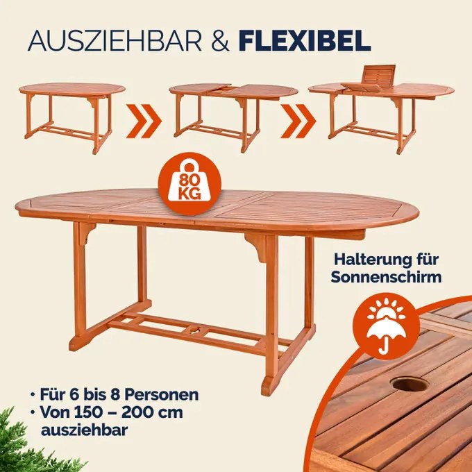 Mesa de jardim em madeira de eucalipto Vanamo 150-200x100x74cm com certificação FSC