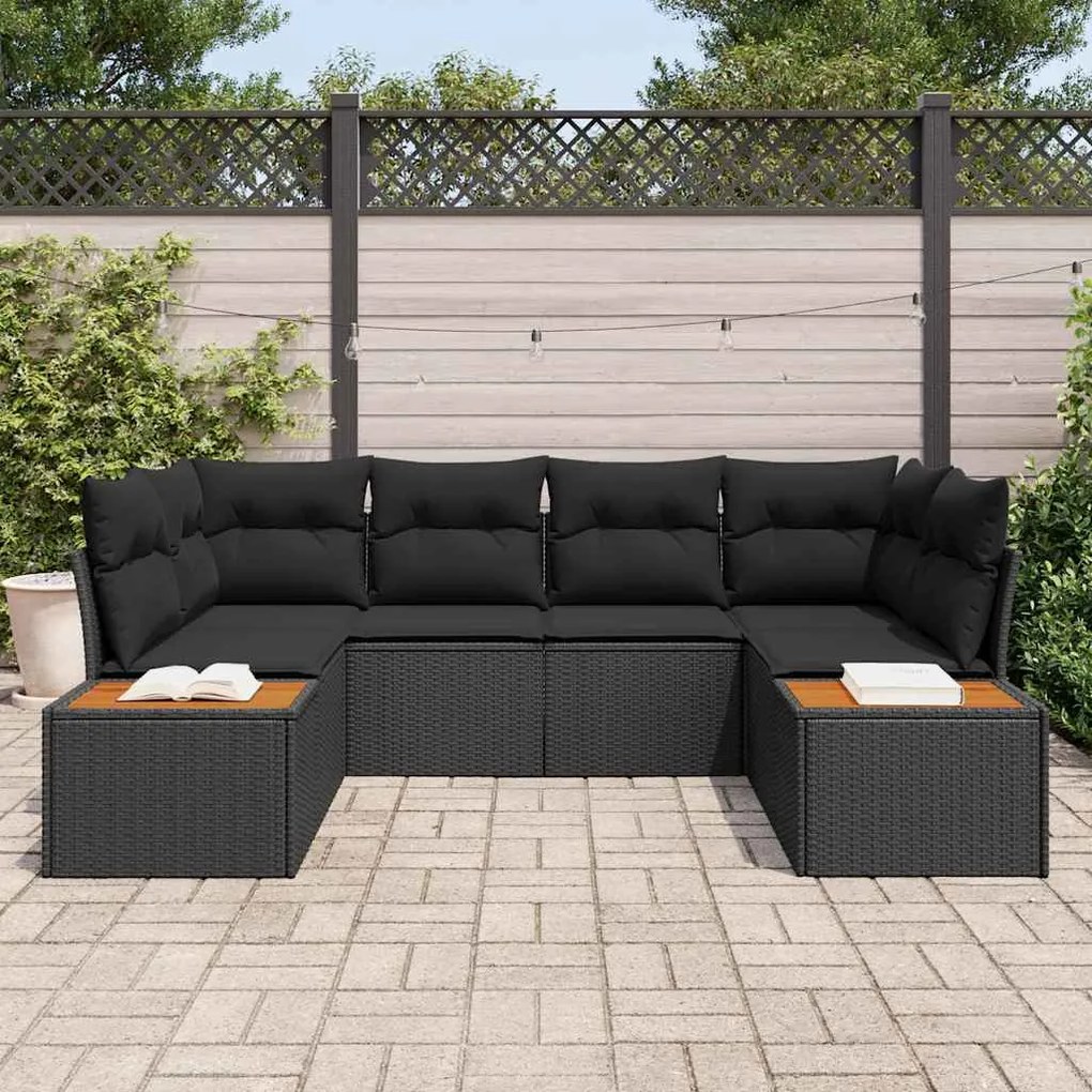Conjunto de Sofá de Jardim de 6 Peças com Almofadas Preto Rattan